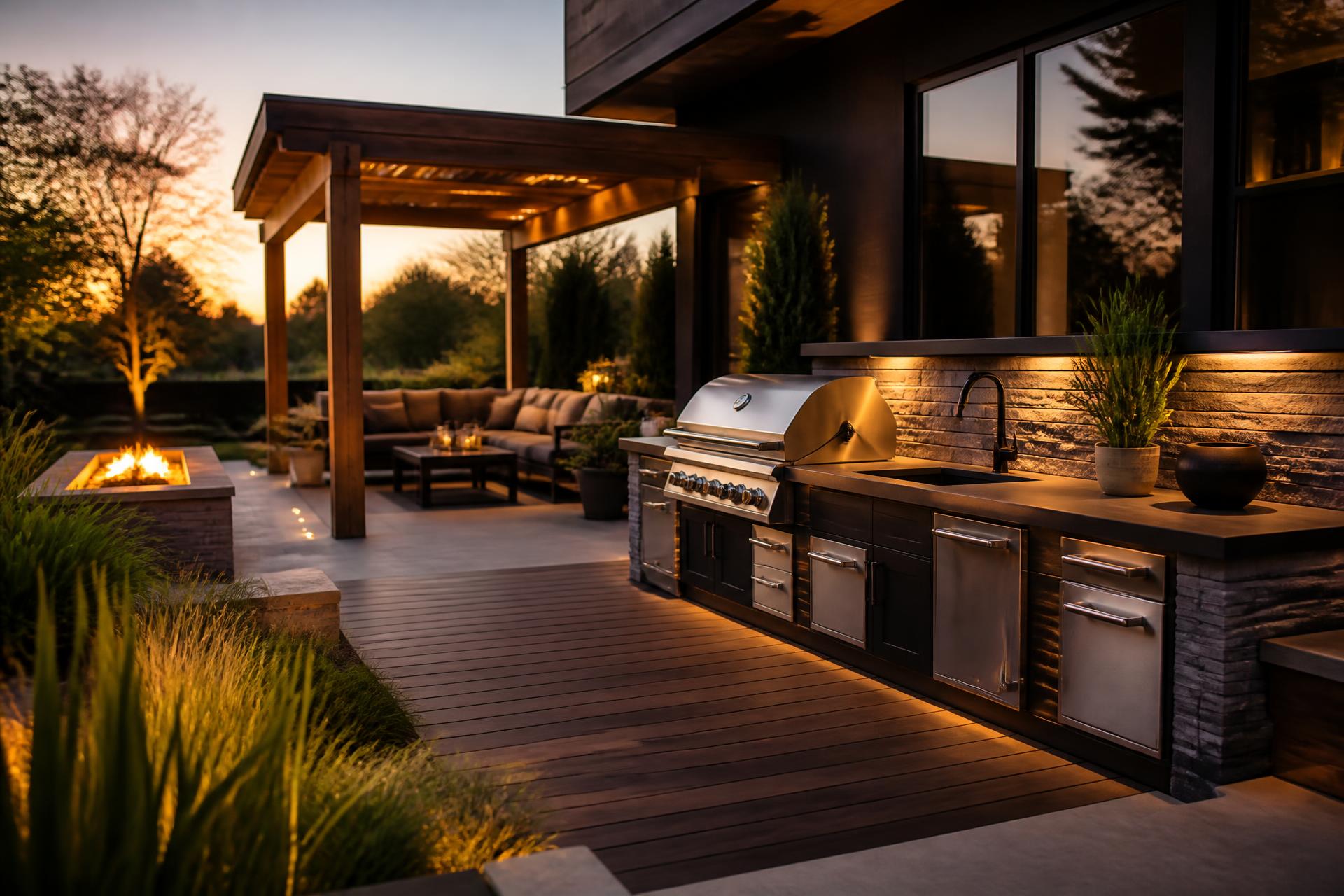 Modern outdoor living space with deck, kitchen and landscape lighting at dusk