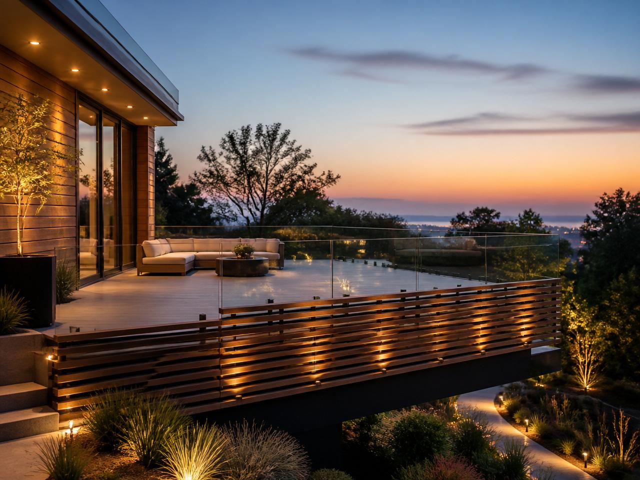Modern luxury deck at twilight overlooking landscaped grounds